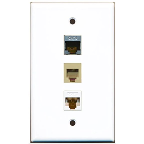 RiteAV - 1 Port Phone RJ11 RJ12 Beige and 1 Port Shielded Cat6 Ethernet and 1 Port Cat6 Ethernet White Wall Plate