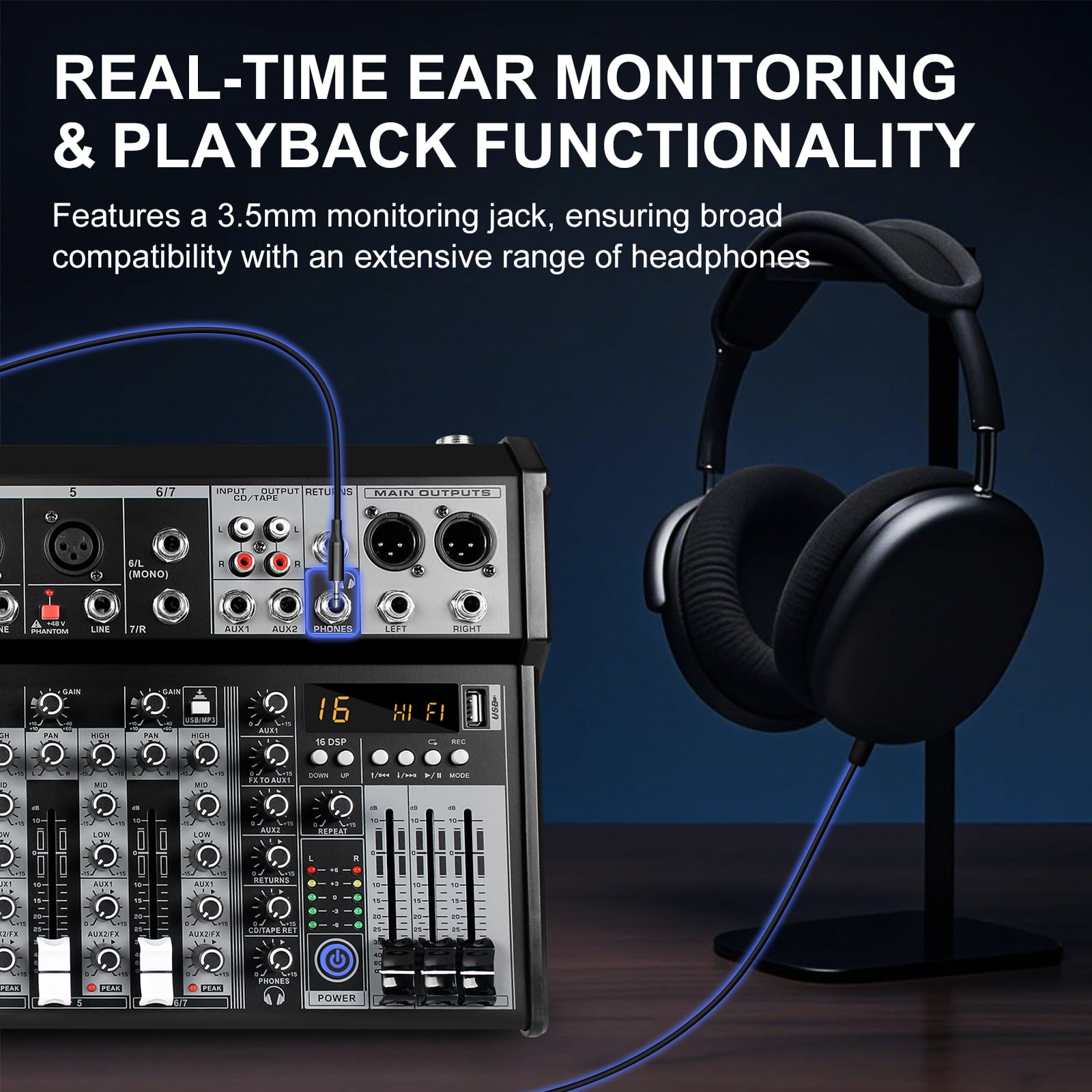 7 Channel Audio Mixer, Portable Audio Mixer w/16 Built-In Preset Sound Effects & USB DJ Sound Mixing Console MP3 Jack 48V Power for Computer Recording, Sounds Mixer Board For Studio Recording