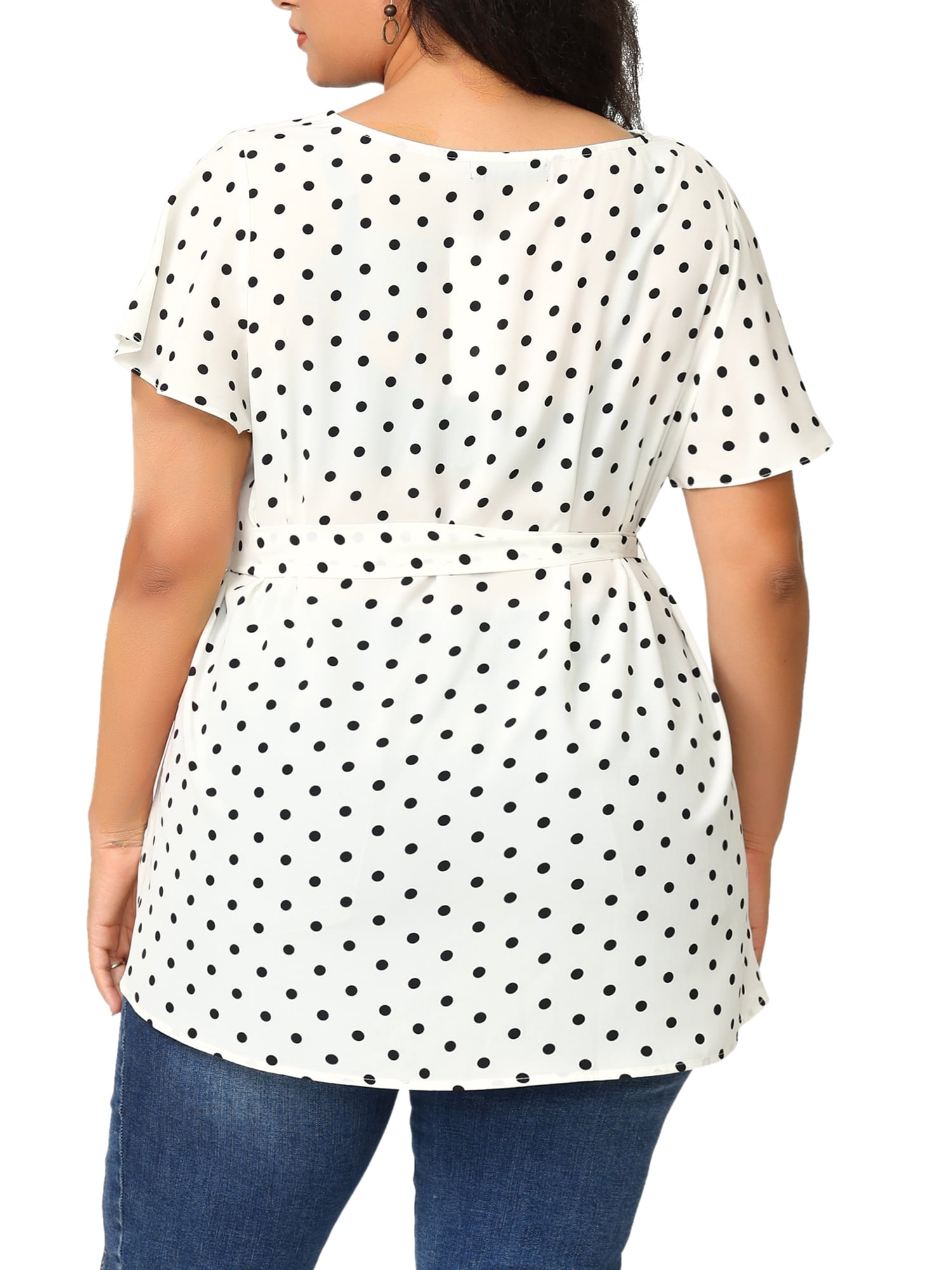 Unique Bargains Women's Plus Tops V Neck Tie Waist Polka Dots Ruffle Short Sleeve Blouse 4X White