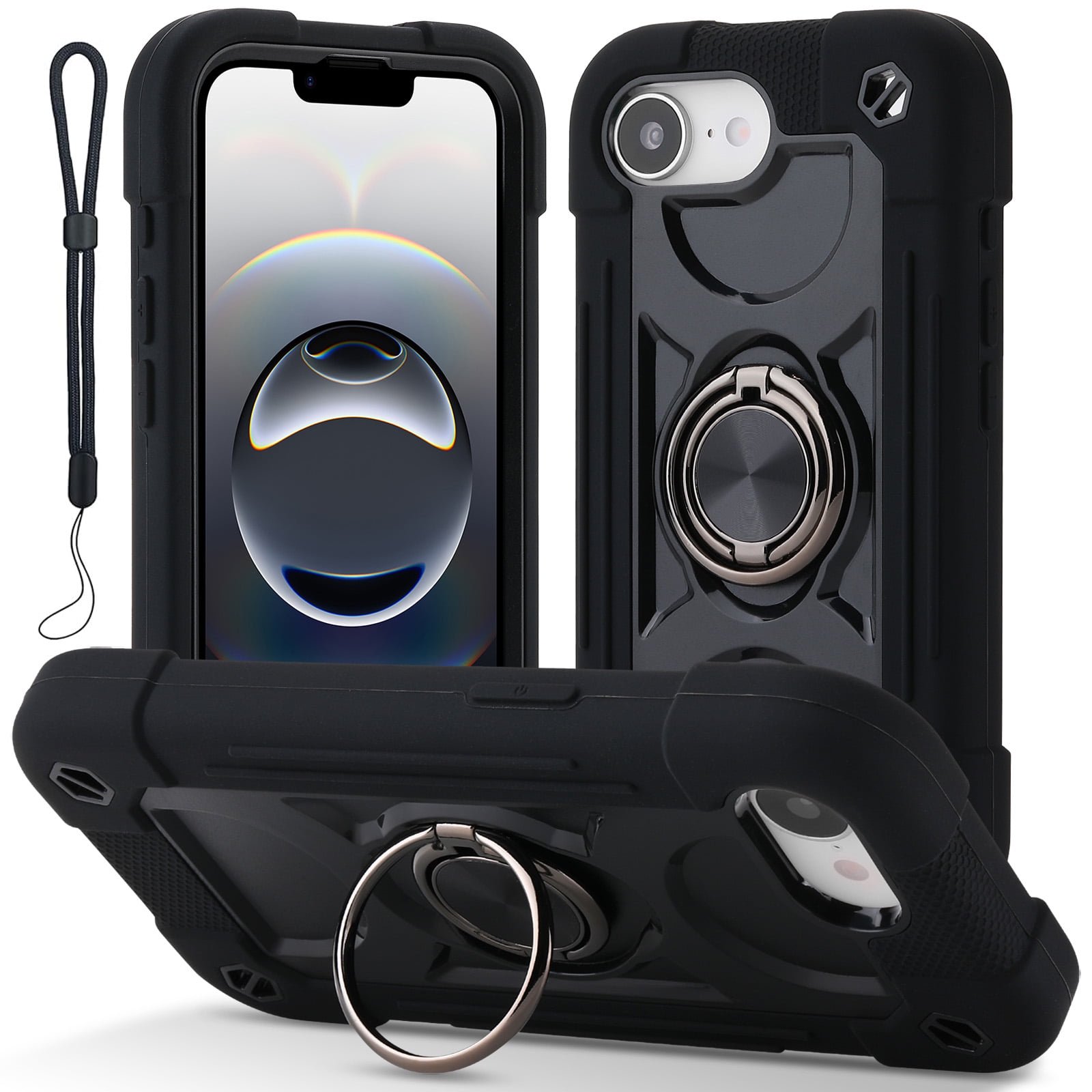 Heavy Duty Phone Case compatible with Apple iPhone 16e, Built-in 360 Rotating Ring Stand, Military Grade Drop Protection, Full Body Rugged Protective Cover with Wrist Strap