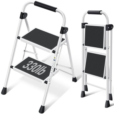 Kingrack 2 Step Stool  Folding Step Ladder  Non-slip feet  for Home  Garden  Office Weight Capacity up 330lb (White)