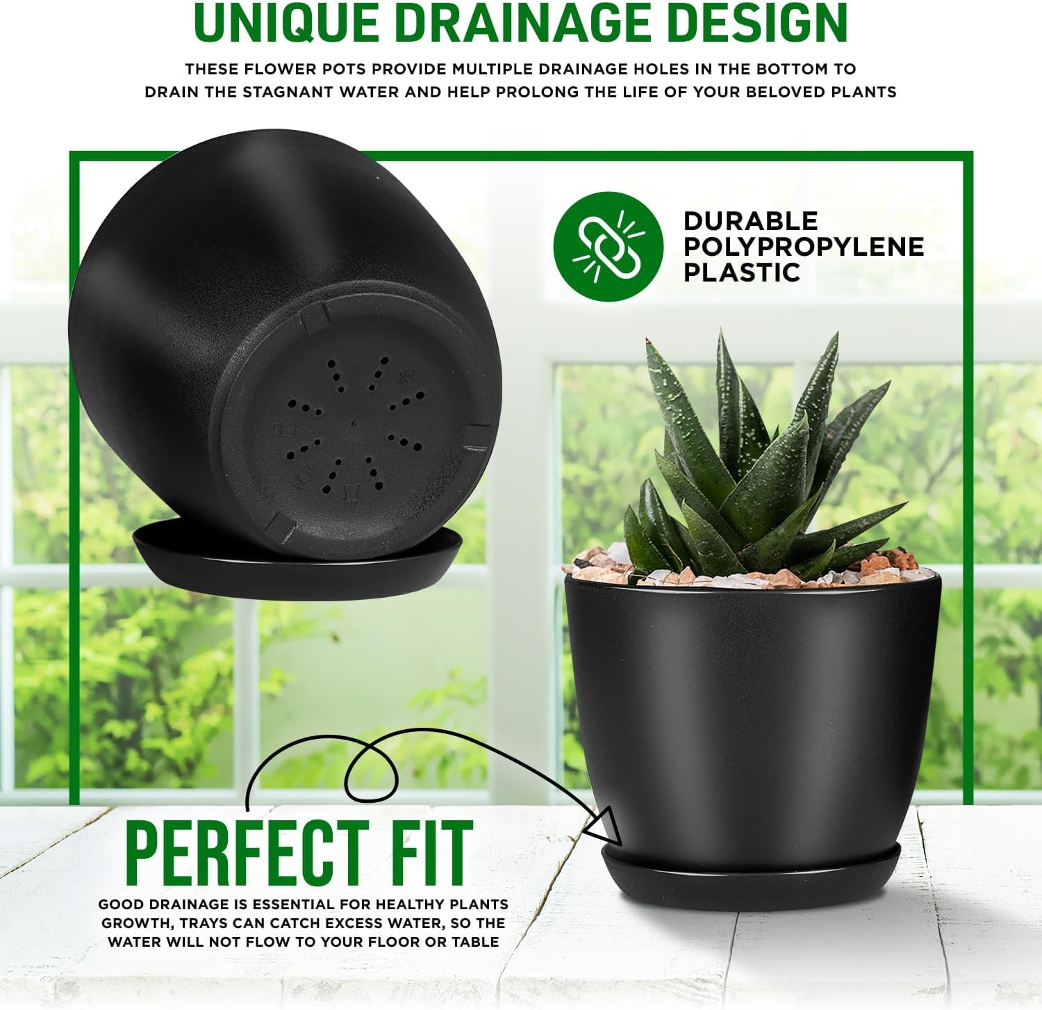 Plant Pots with Multi Drainage Holes - 20 Pieces Versatile, Sturdy Plastic, Stackable Design Home Decor Flower Pots for Indoor and Outdoor Gardening - Black