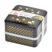 Pearl Metal Japan Made Stacked Box, Square Shape, 2-Tier, M Size, With Seal Lid, Yamanaka Nuri, Checkered Flower Sakura D-467