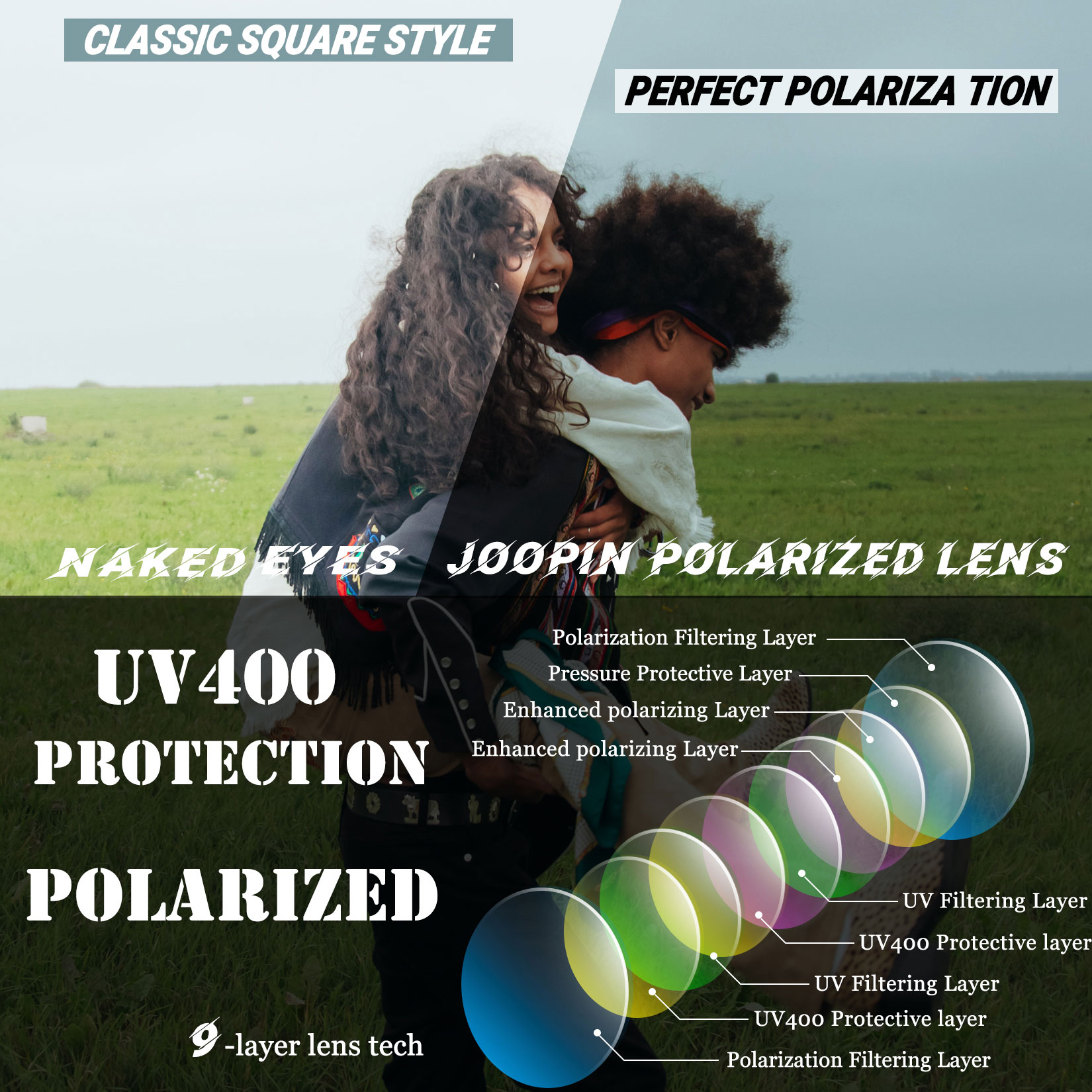 Joopin Square Polarized Sunglasses, Black photo 2