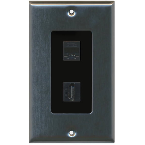 RiteAV - 1 Cat5e Ethernet and 1 HDMI Decorative Wall Plate - Stainless/Black - Bracket Included