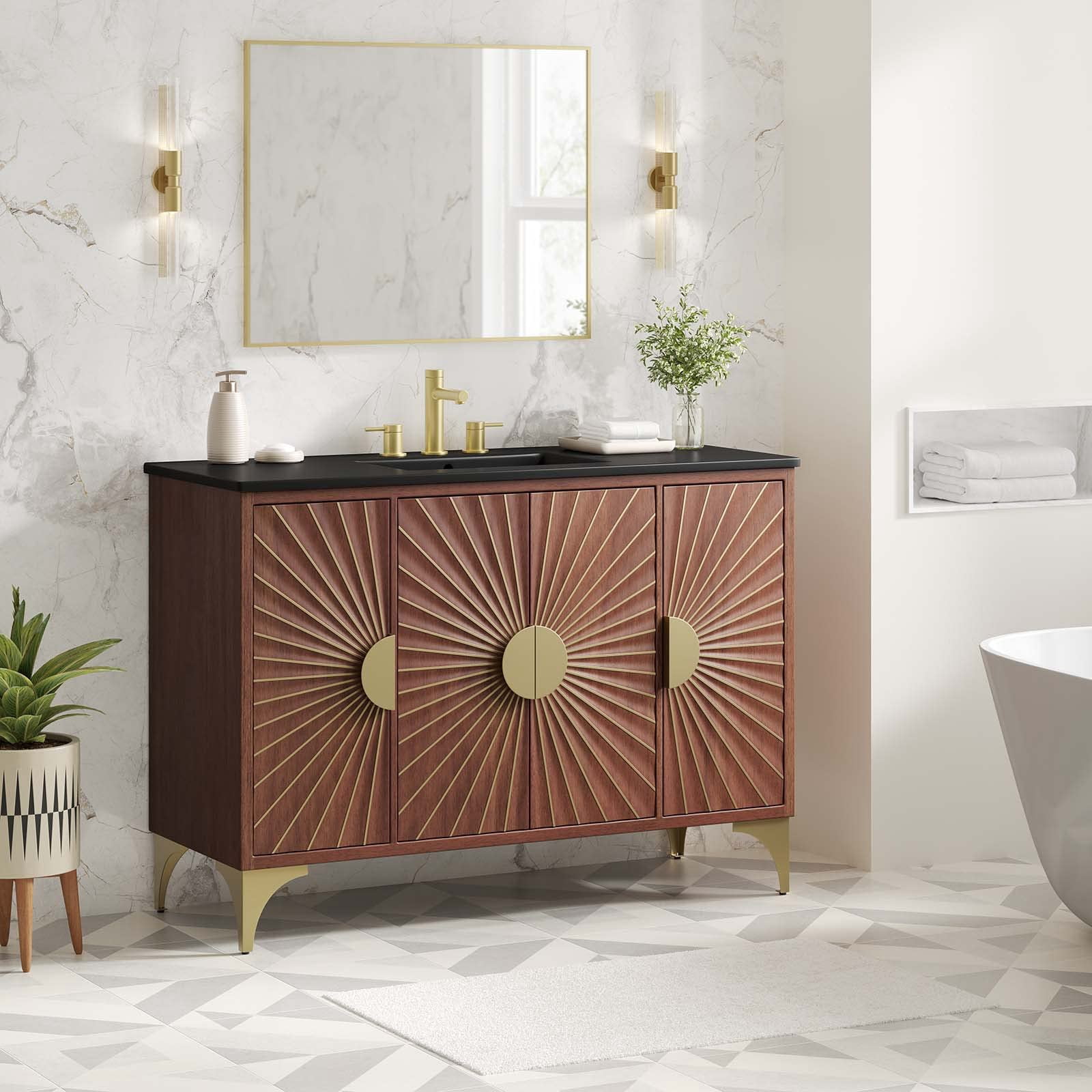 Pemberly Row 48" Solid Mango Wood Bathroom Vanity in Black/Walnut