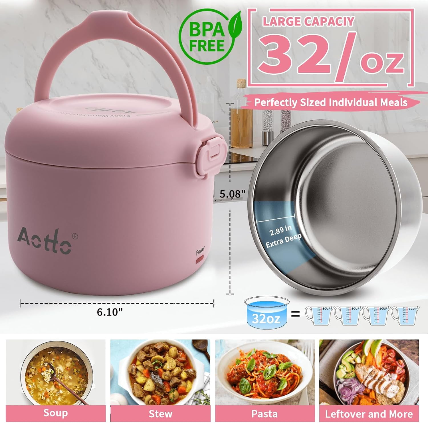 Aotto Electric Lunch Box, 32 oz Portable Heated Lunch Box for Adults, 12V/24V/110V Portable Food Warmer for Car/Truck/Work, BPA-Free, Pink