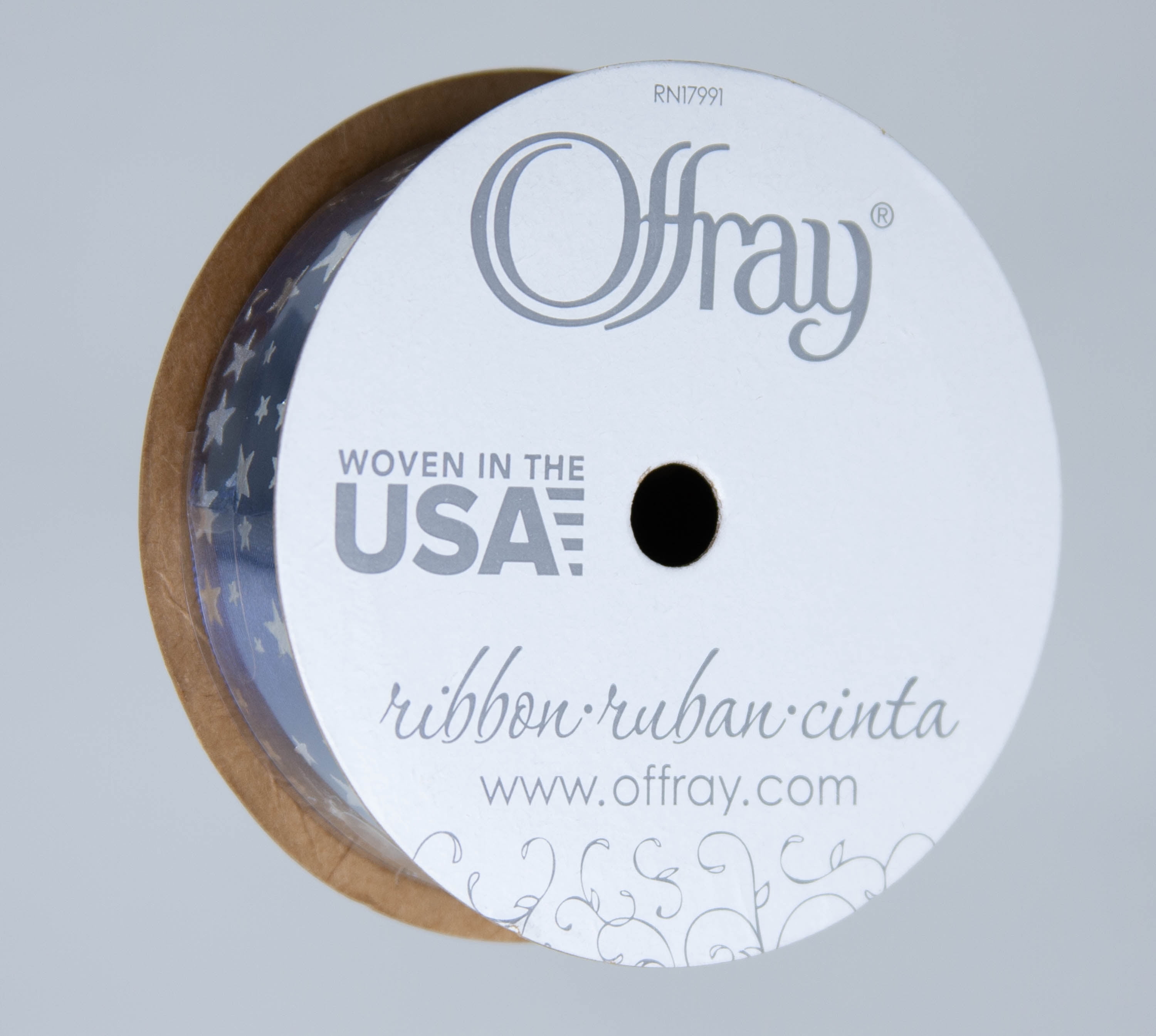Offray Ribbon, Navy 7/8 inch Silver Stars Satin Ribbon, 9 feet