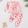 thumbnail image 2 of Staki Valentine Outfits for Girls Toddler Bell Bottom Outfit Baby Girl Valentines Day Clothes Waffle Knit Sweatshirt Flare Pants Set 0-24M 2-3T(Red,18-24 Months), 2 of 8