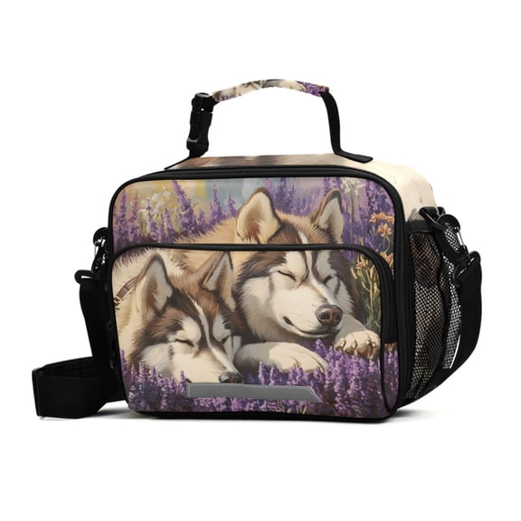 ALAZA Huskies Dog in Lavenders Lunch Box Insulated Cooler Bag Reusable Tote Bags Shoulder Strap