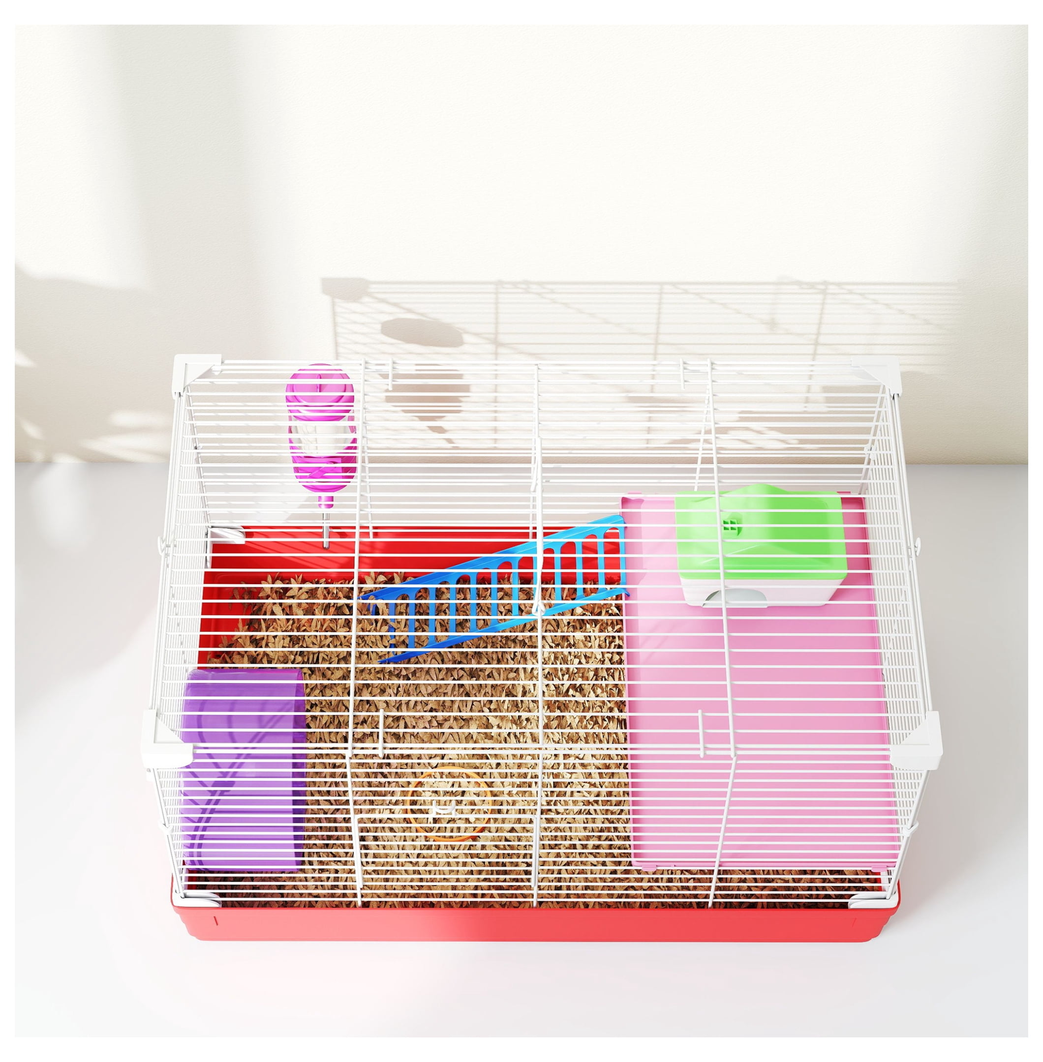 Hamster Cage 18.5", 2-Story Small Animal Habitat Kit - Wheel, Bottle, Dish, Rat House - Red