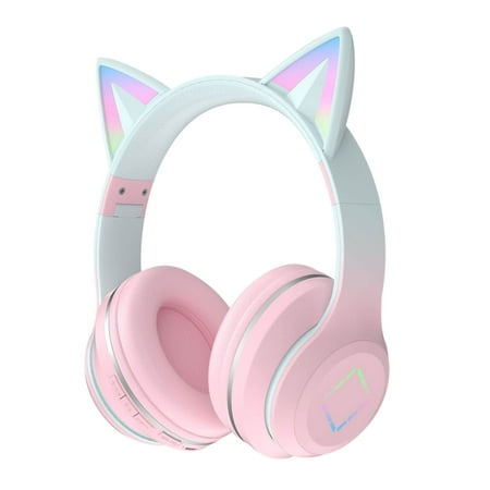 AIEOTT Kids Wireless Over Ear Bluetooth Headphones Cute RGB Cat Ears Foldable Audio Wireless Kids Bluetooth 5.1 With Mic And Volume Control Headphones For Girls Ladies