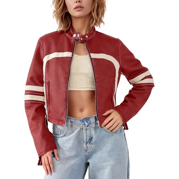 HJYCHN Womens Jackets Fashion Cropped Jacket Contrast Color PU Leather Outerwear For Streetwear And Casual Style Short Coat Winter Coats for Women Red M