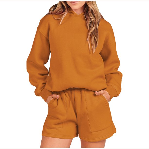 ICHUANYI Clearance Women's Set Tracksuit Pullover TWO Piece SportSets Long Sleeved Hoodies Sports Fashion Shorts Set Long Sleeved Hooded Suit(Orange, L) ICHUANYI WER2023080806895