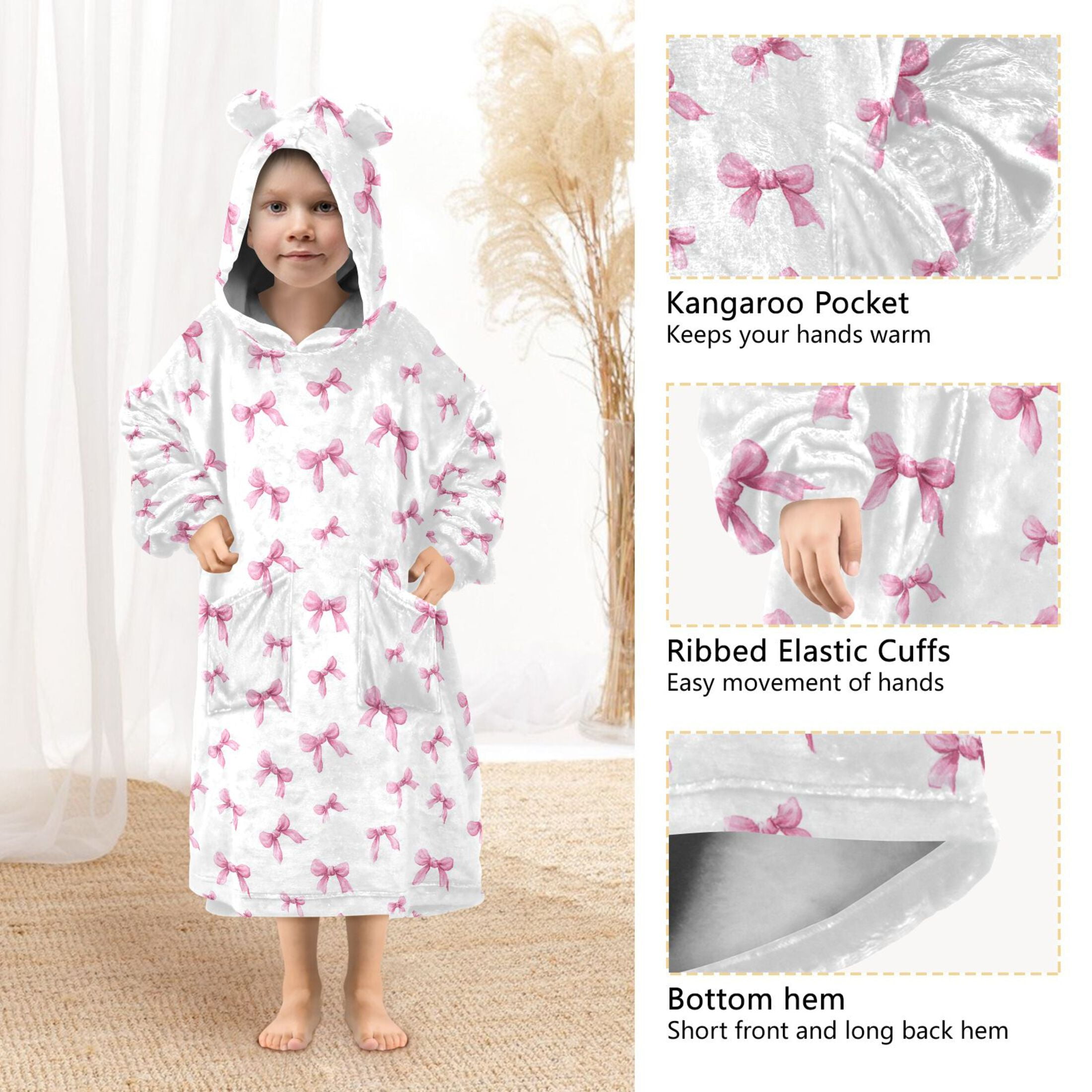 Wearable Blanket Hoodie for Kids Pink Bow Flannel Hooded Blanket with Pockets and Sleeves Suitable for Boys and Girls