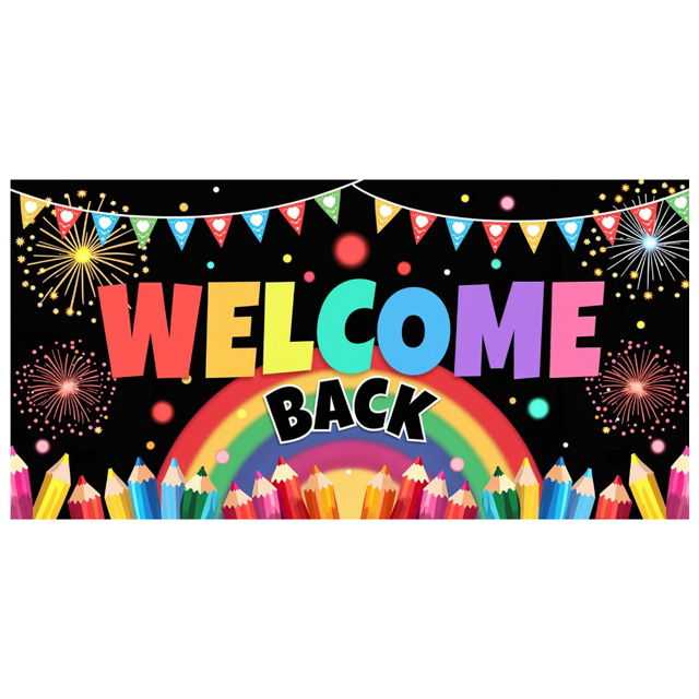 Welcome Back Banner with Rainbow and Pencils Colorful Backdrop for School Party Classroom Decoration Photography Props Festive Background Decor