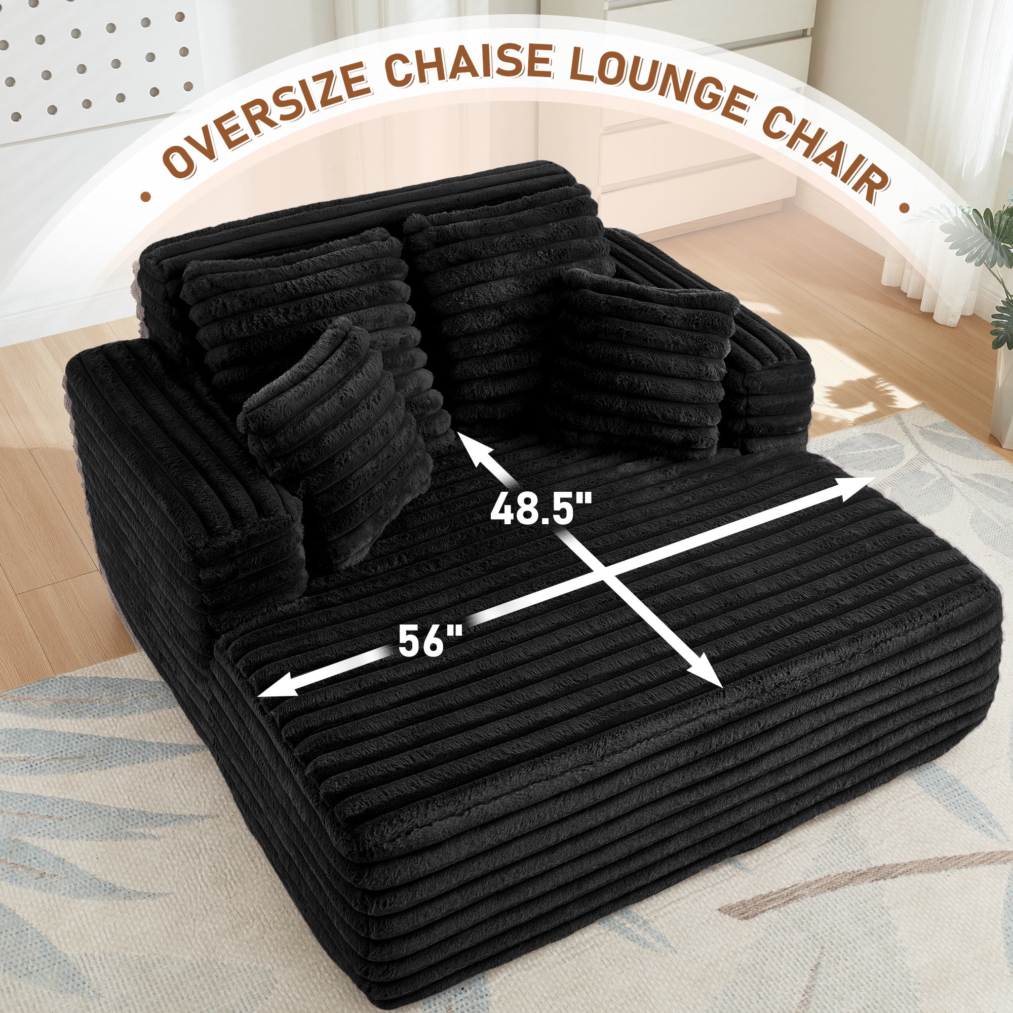 Muumblus Oversized Chaise Lounge Chair Indoor Furniture, No Assembly Required, Plush Corduroy Upholstered Sofa Bed Cozy Sleeper Couch for Living Room, Bedroom, Black
