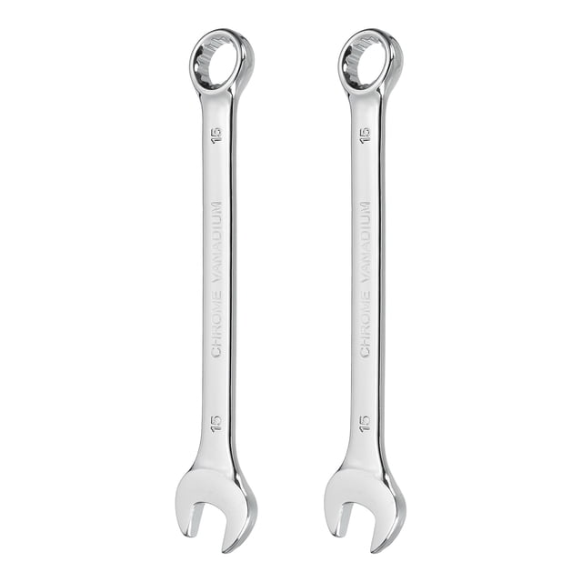 2Pcs Combination Wrench 15mm Metric 12-Point Box and Open End CR-V Steel Spanner