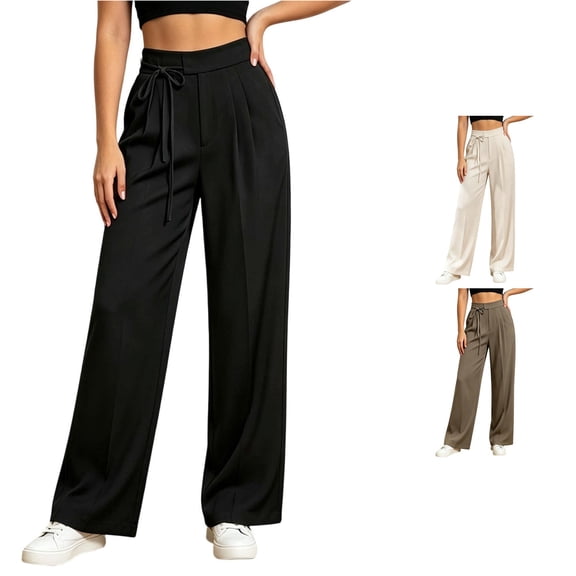 RUTAYY Women's Pants Tie Waist Pleated Wide Leg Solid Color Side Pockets Casual Trousers Black