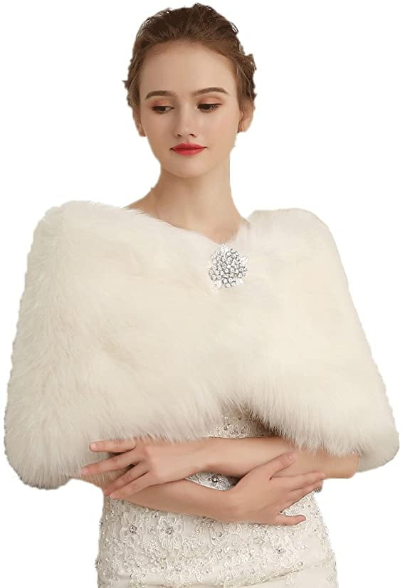 Gray Ivory Women's Faux Fur Wrap Shrug Shawl Jacket Scarf Cape Wedding