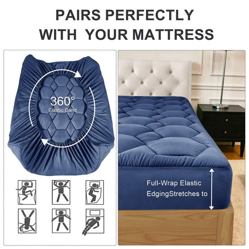 Navy Extra Thick Twin Mattress Topper, Cooling Mattress Pad and Mattress Protector for Back Pain Relief, Mattress Topper with Deep Pocket Breathable and Moisture-wicking Mattress Cover