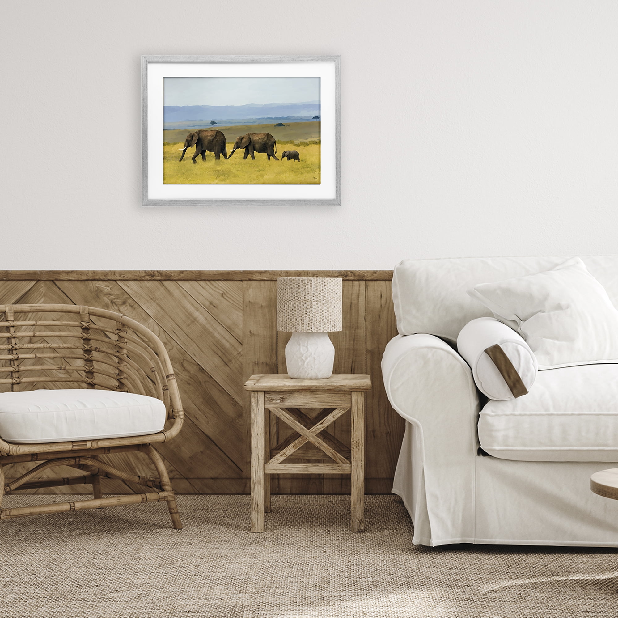 Stupell Industries Elephants In The Grassland Gray Framed Print Under Glass, design by Renel Peters