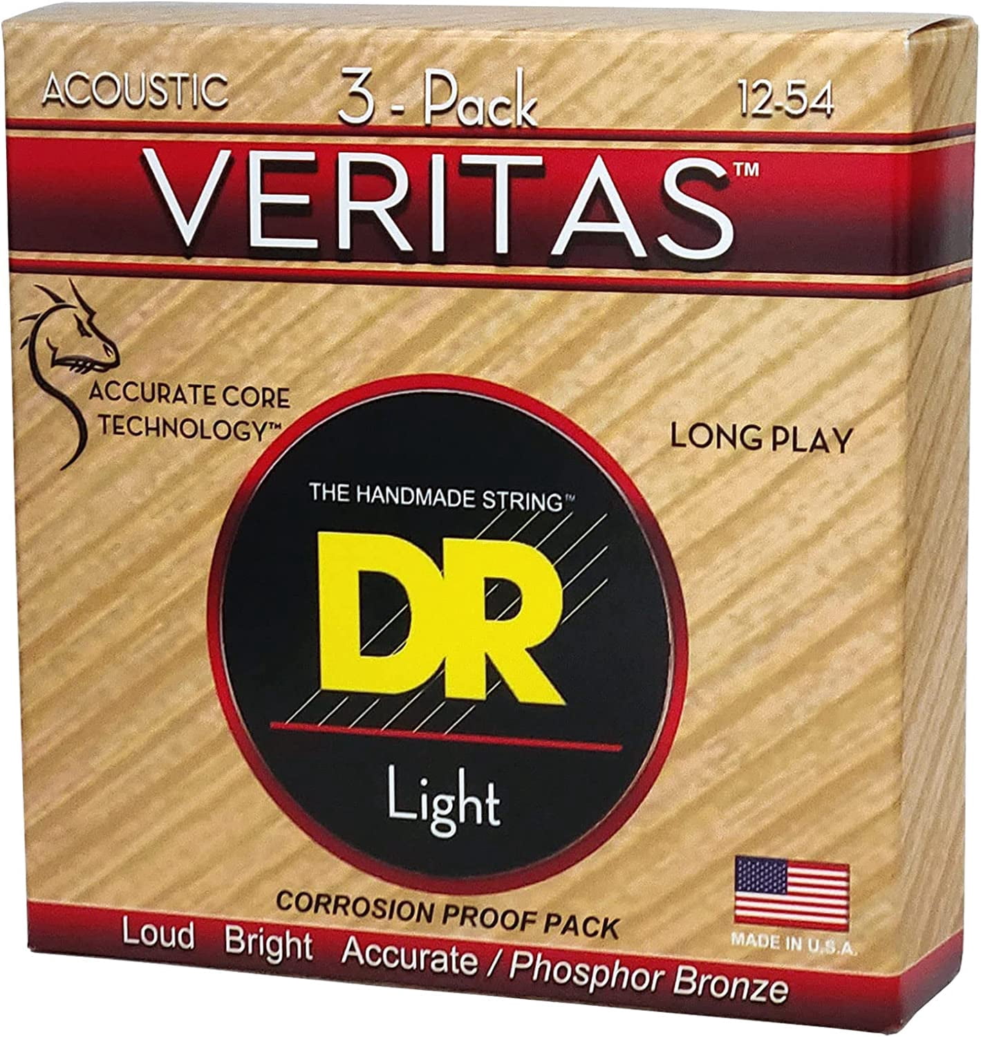 DR Strings VERITAS Uncoated Accurate Core Technology Acoustic Guitar Strings 3-Pack Light (12-54)