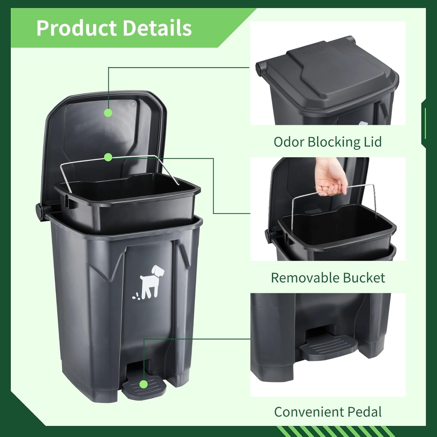 Dog Poop Trash Can Outside, 20L Pet Waste Container with Removable Inner Waste Bin, 150 Waste Bags, Outdoor Pet Poop Trash Bin for Small/Large Dog Families