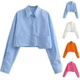 thumbnail image 2 of Utoimkio Women's Solid Color Button Down Cropped Shirts Classic Long Sleeve Stylish Collared Office Work Blouses Crop Tops for Women, 2 of 5