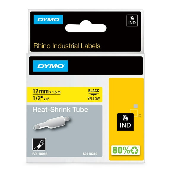 DYMO Rhino Industrial Heat-Shrink Labels, 1/2" Tube, Black Print on Yellow