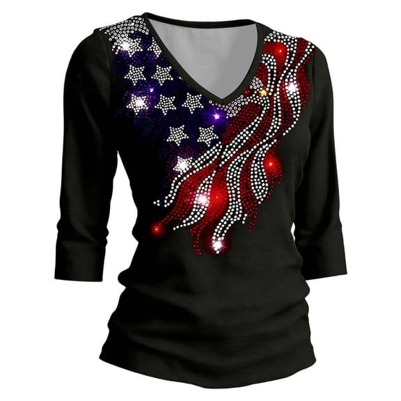VNKIDY Womens Glitter American Flag Print T Shirt Three Quarter Sleeve V Neck Casual Tee Patriotic Shiny Style Top For Independence Day Daily Wear Cozy Top