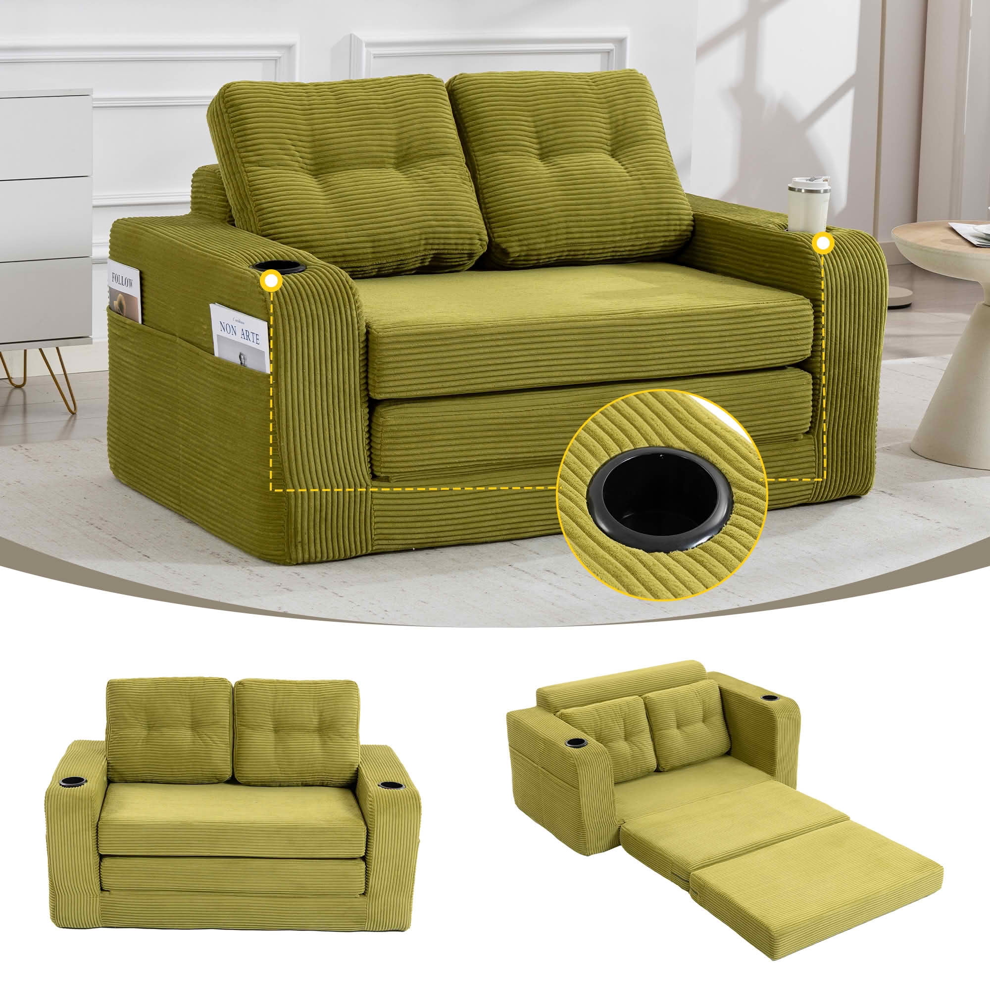 MAYEERTY 2-in-1 Convertible Expandable Sofa Bed, Fold Out Corduroy Floor Couch with Pillows, Side Pockets & Cup Holders for Bedroom Small Living Room