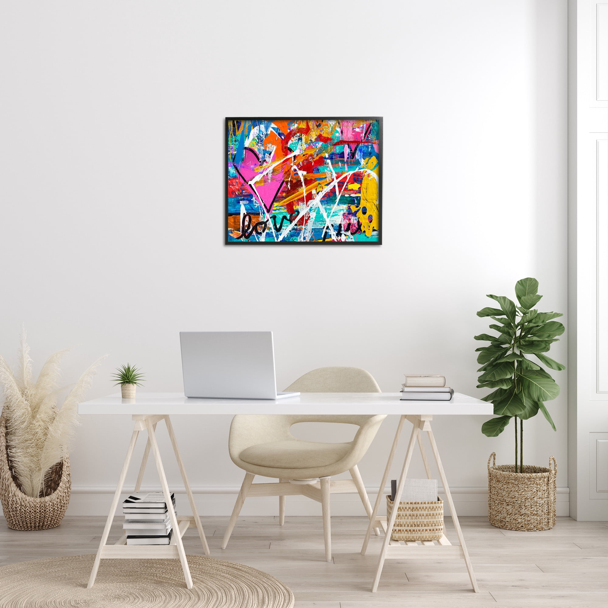 Stupell Industries Urban Heart Graffiti Collage Abstract Painting Black Framed Art Print Wall Art, 30 x 24