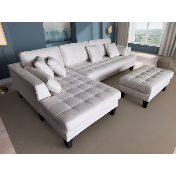 STENDMAR 3pc L Shape 120" Contemporary Cream Microfiber Sectional Sofa Chaise Ottoman S168LW