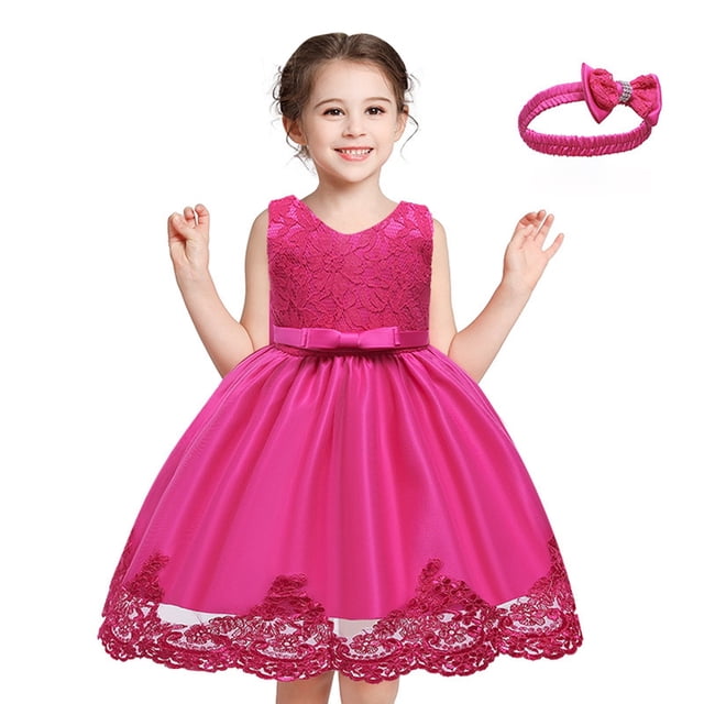 BOBOGOJP Robe Ligne A Nouvelle Robe en Dentelle avec Nœud Robe d'Été Fille Robe à Vent avec Bandeau (Rose Vif, 6-12 Mois)