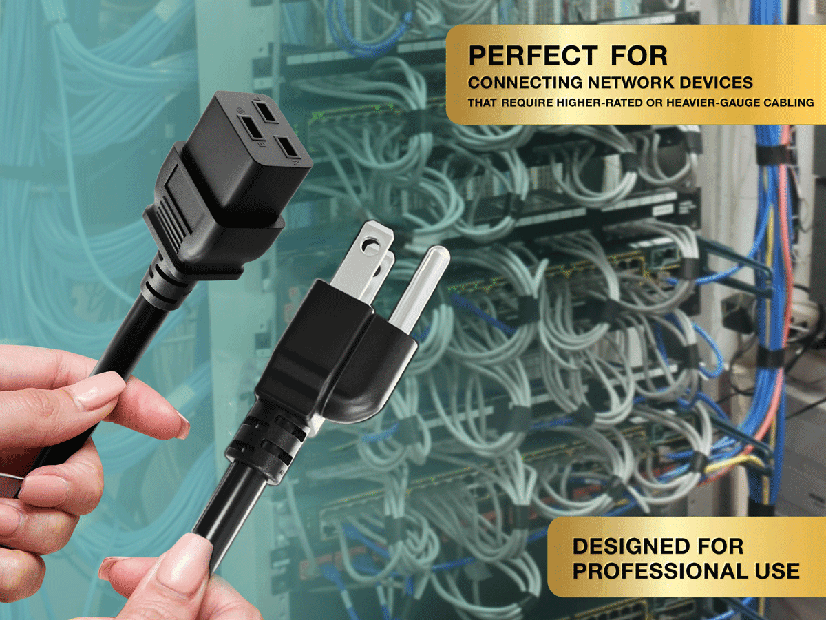 Cable Leader 15 ft 14 AWG 15A 125V Power Cord NEMA 5-15P to IEC320 C19, UL Listed