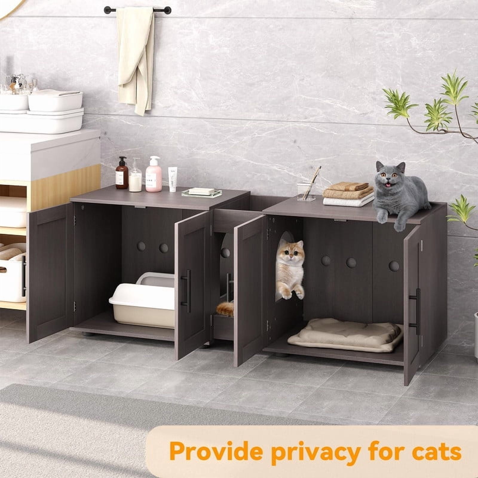 TROPOW Double Litter Box Enclosure,55" Furniture for 2 Cats, TV Stand,Waterproof Easy-Clean Surface,Cabinet Buckles & Storage Grooves,Suitable for living room, furniture decoration