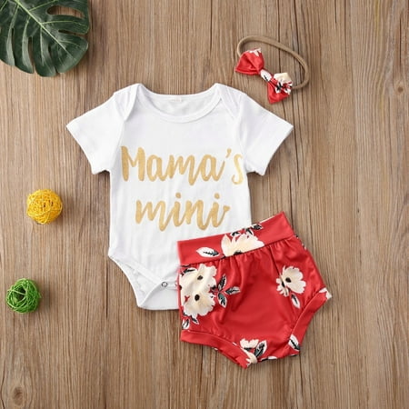 

Newborn Girl 3PCS Summer Suit Short Sleeve Letter Print Jumpsuit + Shorts + Hairband Set (0-18M)