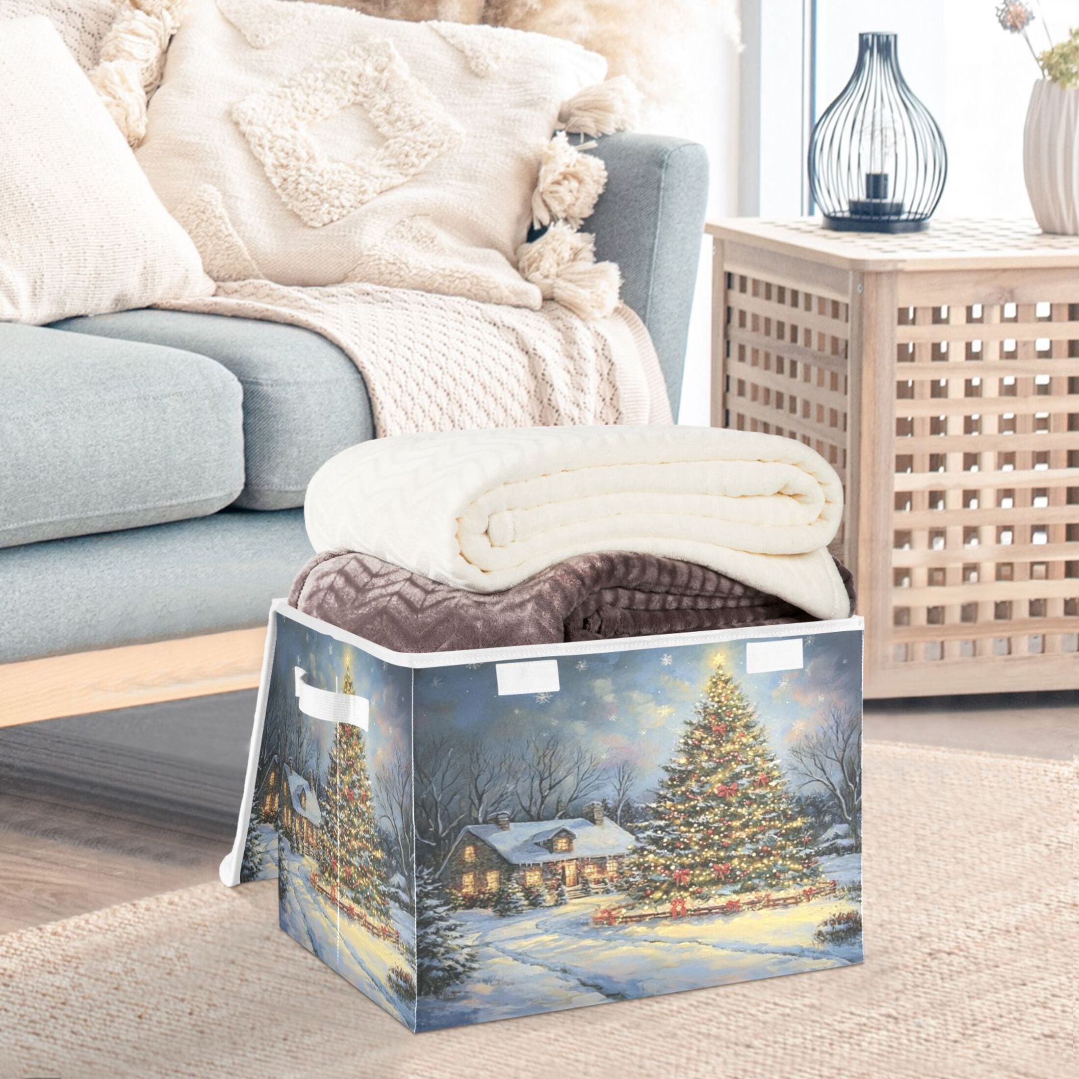 Storage Box With Lid 16.5x12.6x11.8In Foldable Stacked Household Storage Box Christmas House and Tree Picture