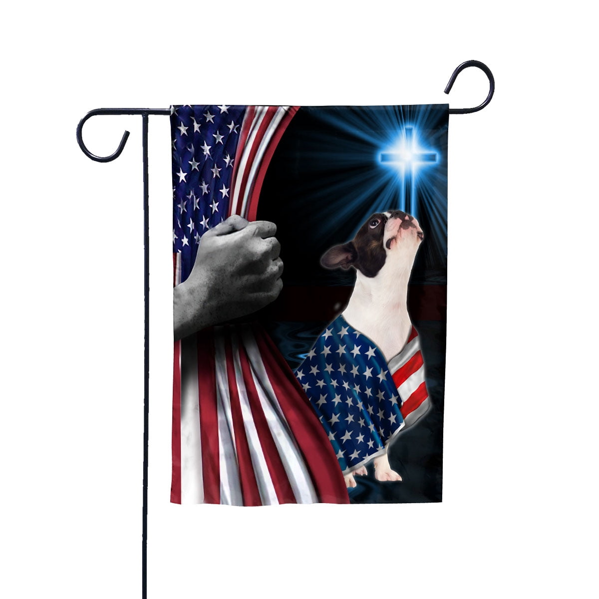 Hand Pulling USA Flag Boston Terrier Dog Wearing Flag American Standing under Cross Christian Patriotic Garden Flag (12x18) Double Sided- Premium Polyester-Decorative Indoor Outdoor Flag