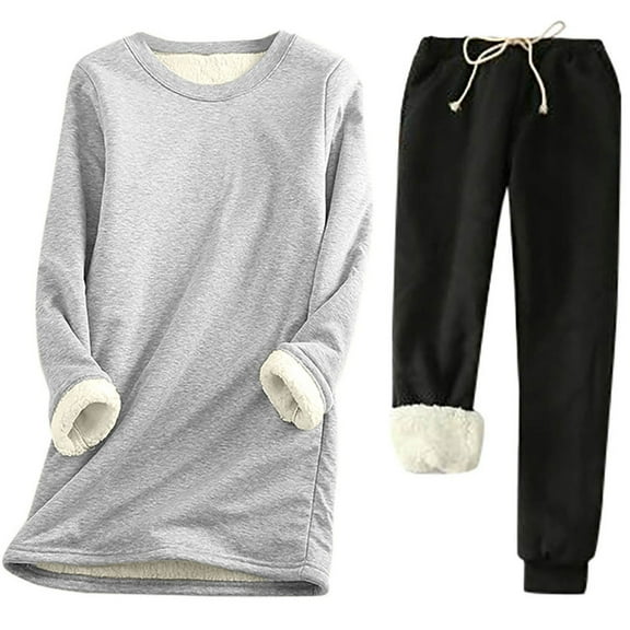 Women's Casual Dresses Set Women Fleece Sweatsuit 2 Piece Outfit Winter Warm Fleece Lined Tracksuit Solid Crewneck Sweatshirts and Sweatpants Fall Warm Set S-66 Black XXL