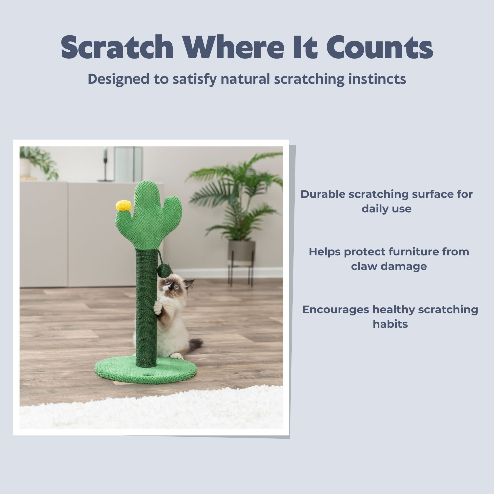 TRIXIE Fero 24" Jute Scratching Post  - Cute Whimsical Cactus Cat Tree with Dangling Toy - Indoor Cat Scratcher Furniture