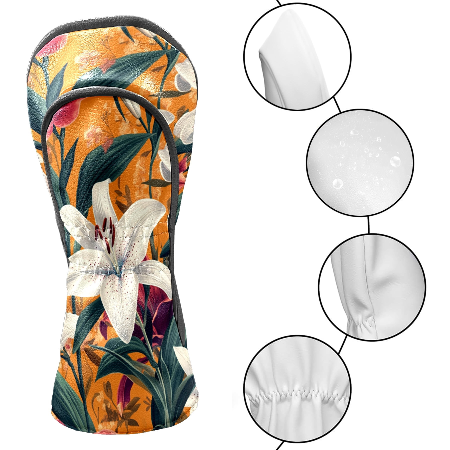 Golf Club Covers PU Leather Waterproof Head Covers for Fairway Woods Hybrids Lily Orchid Flowers
