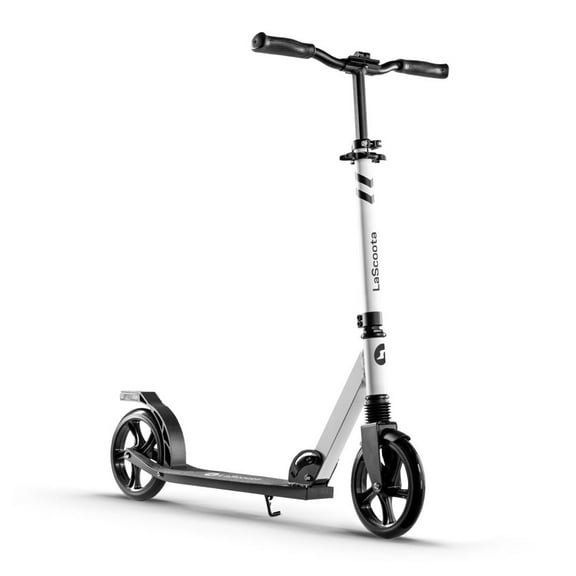 Lascoota All-Terrain Kick Scooter Adult - Front Suspension for Smooth Cruising - Wide Deck Platform for Stable Riding - Adjustable Handlebar for Custom Fit - Black & White, Ages 6 , 220-lb