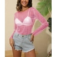 thumbnail image 3 of Women's Glitter Pearl Rhinestone Crop Top Round Neck Long Sleeve Sheer Mesh Blouse Cover Up, 3 of 5