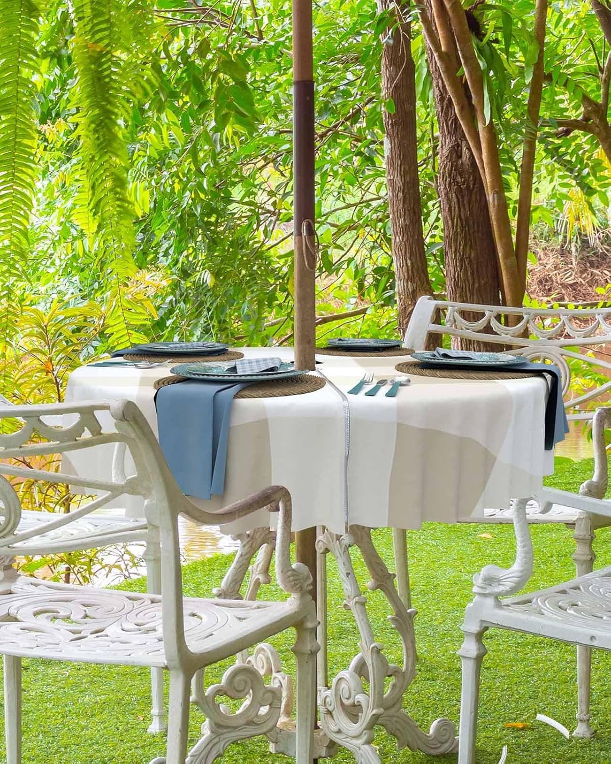 Outdoor Round Tablecloth with Umbrella Hole and Zipper, Beige Plaid Waterproof Table Cover, Spring Summer Farmhouse Buffalo Checkered Washable Patio Tablecloths for Party/Garden/Picnic, 60 inch