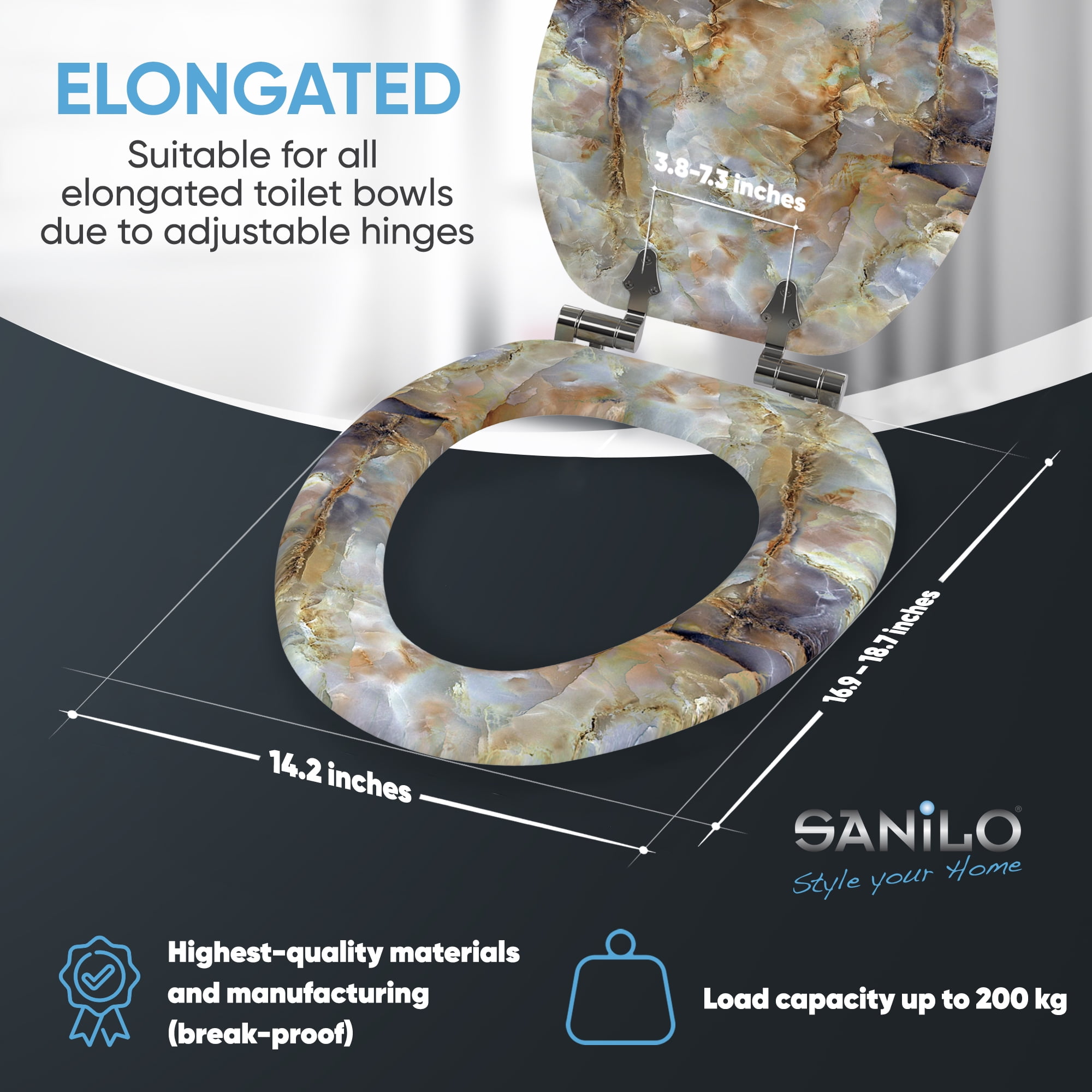 Sanilo Soft Close Toilet Seat ELONGATED, Quiet and Slow Close Lid and Seat, Strong Bumpers and Hinges, Marble Brown