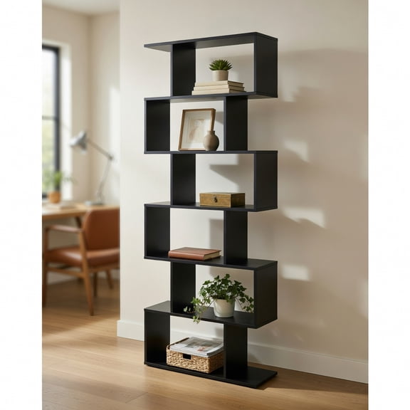 Resenkos Bookshelf,Shelf, Open Bookcase Book Shelf,Storage Shelf Unit Plant Stand,6 Tier S-Shaped Bookshelf Storage Display Bookcase Decor Z-Shelf -Black