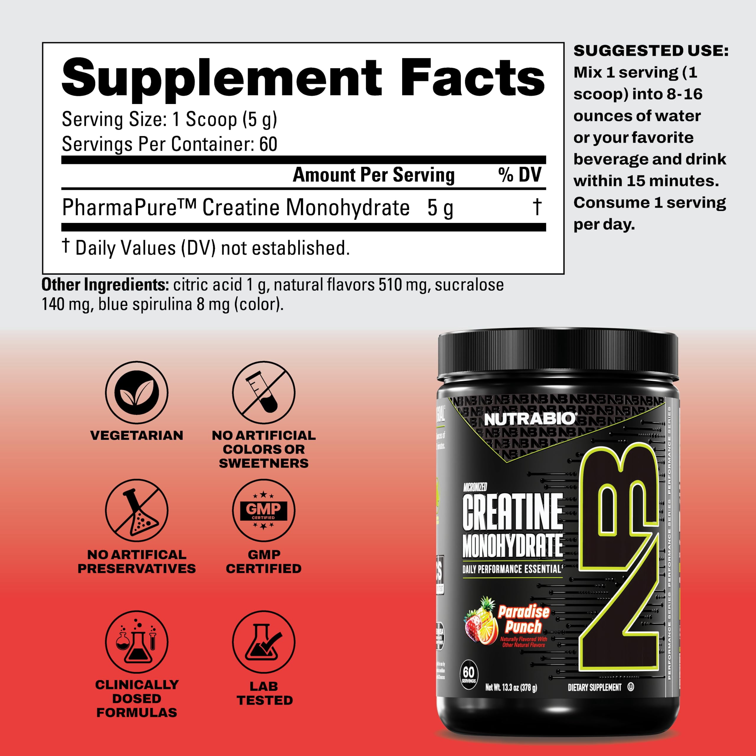 NutraBio Pure Creatine Monohydrate Powder Supplement, Paradise Punch (300 g) - Supports Bulk Muscle Energy, Recovery, and Strength - HPLC Tested Pure Grade Creatine Powder Supplement for Men and Wome