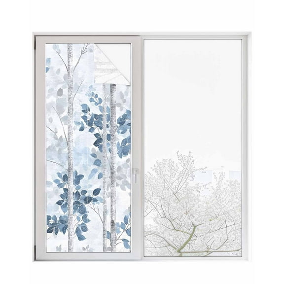 Window Privacy Film Blue Grey Leaves Stained Glass Window Film Decorative Sun Block Window Cover Watercolor Branches Vintage Forest Window Clings Static Adhesive Sticker for Bathroom 23.6"x59"